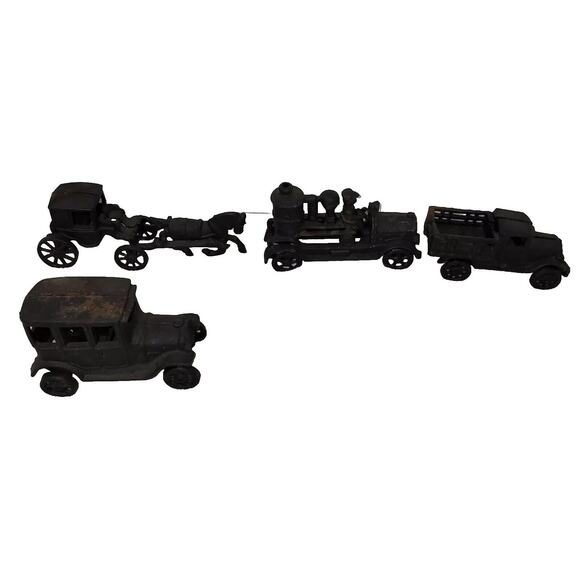 Vtg Cast Iron Carriage, Car, Firetruck, Truck Vehicles Black Home Decor Amish